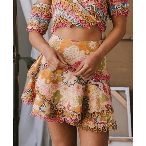 Celia B Corazon Mini Skirt Medium Colorful Embroidered Cotton Ruffle Hem - Picture 2 of 10